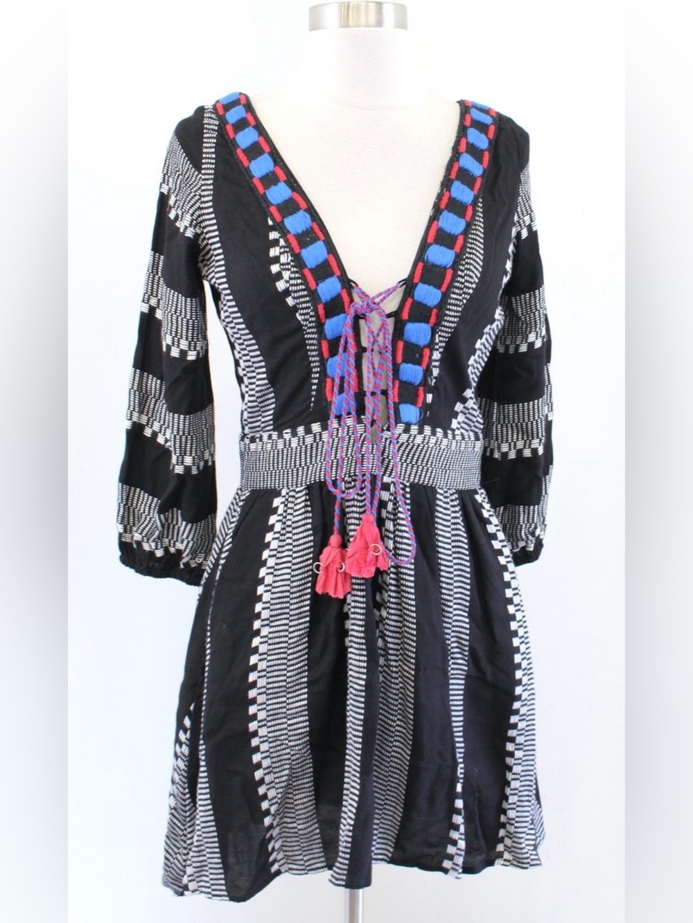 Piper By Townsen Ramones Black Embroidered Open Back Lace Up Mini Dress Size S